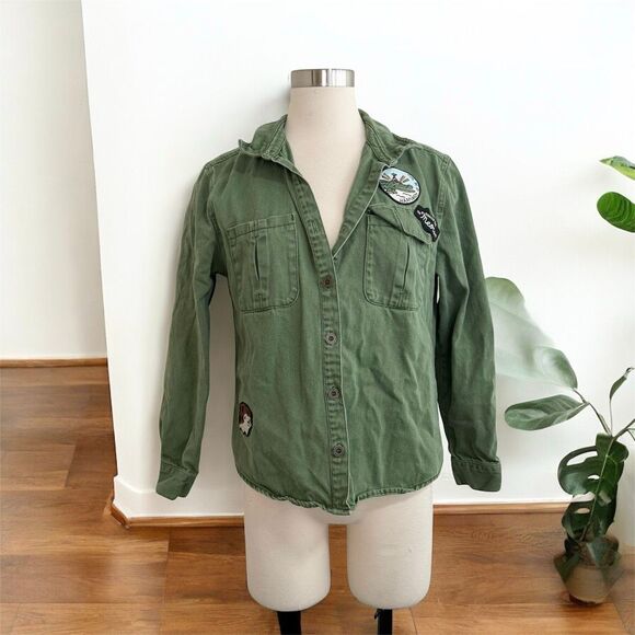 Forever 21 Green Denim Jean Army Military Jacket Patches Lightweight M - Picture 1 of 7